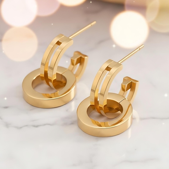 🆕Double Loop 18K Gold Plated 316L Stainless Steel Dainty Earrings✨2-Way Wear - Picture 1 of 11
